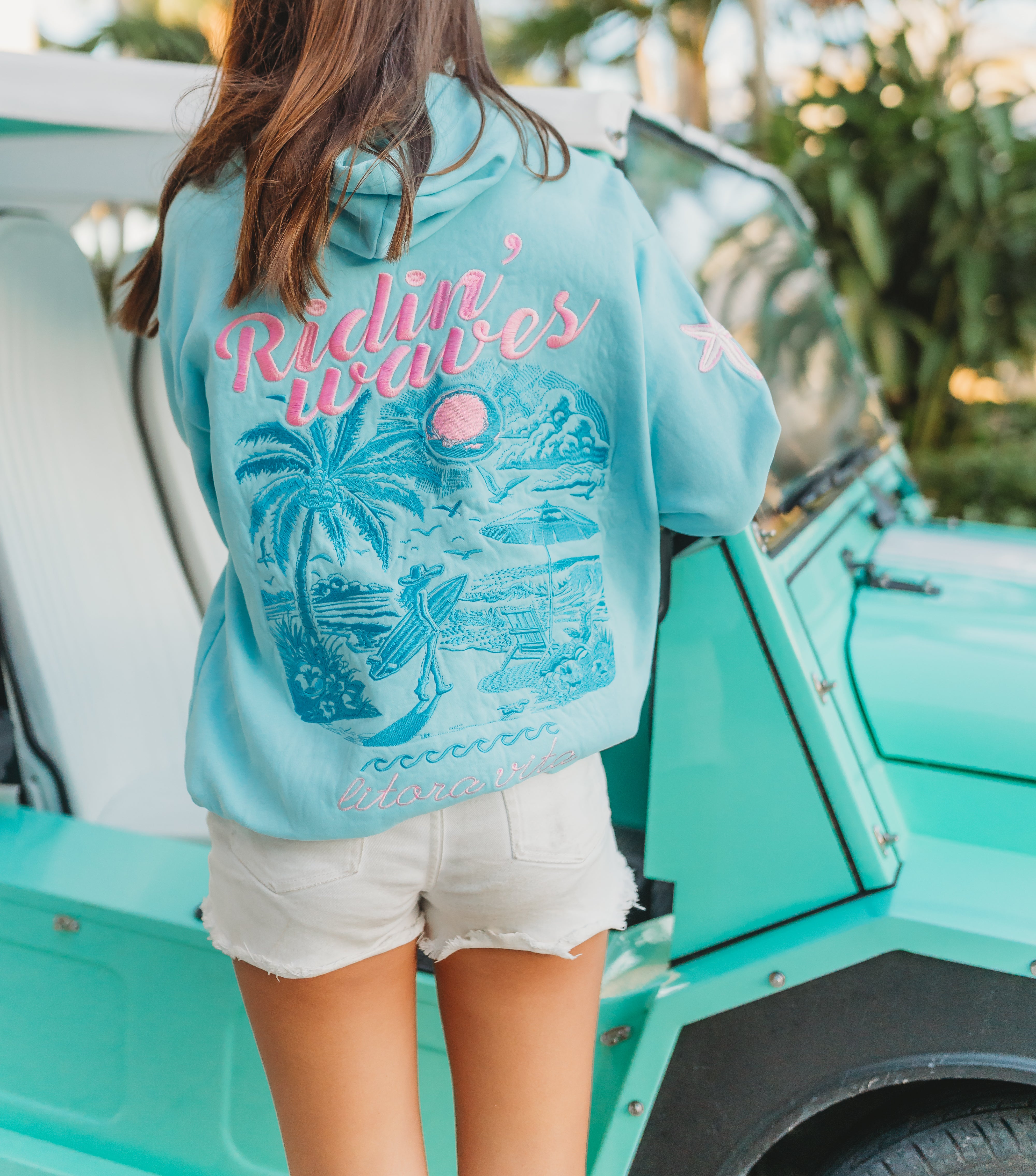 "Ridin' Waves" Embroidered Hoodie - Blue