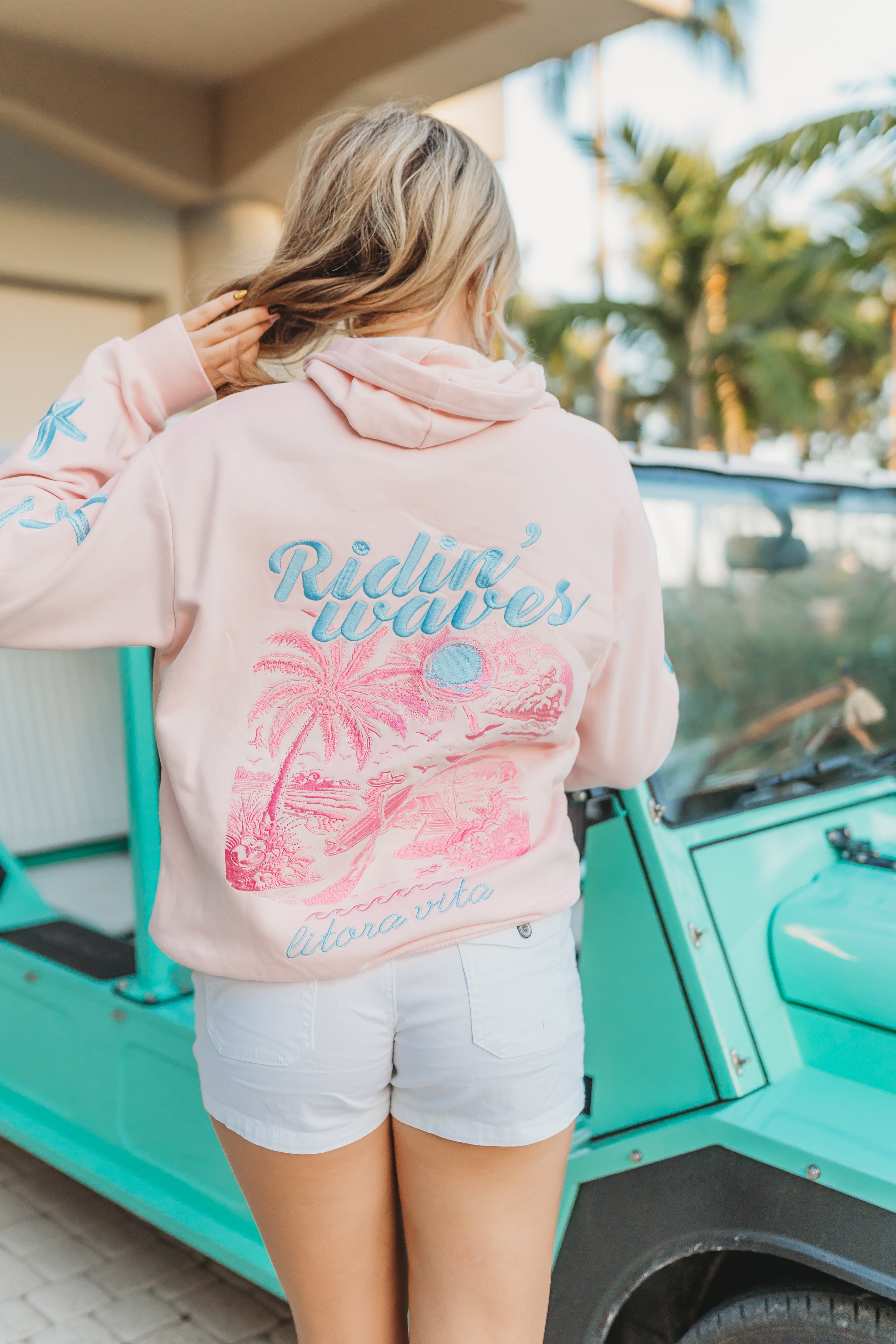 "Ridin' Waves" Embroidered Hoodie - Pink