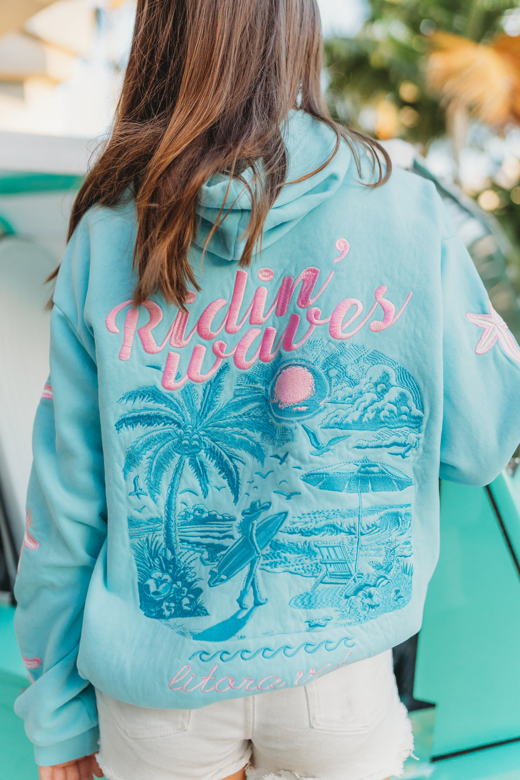 "Ridin' Waves" Embroidered Hoodie - Blue