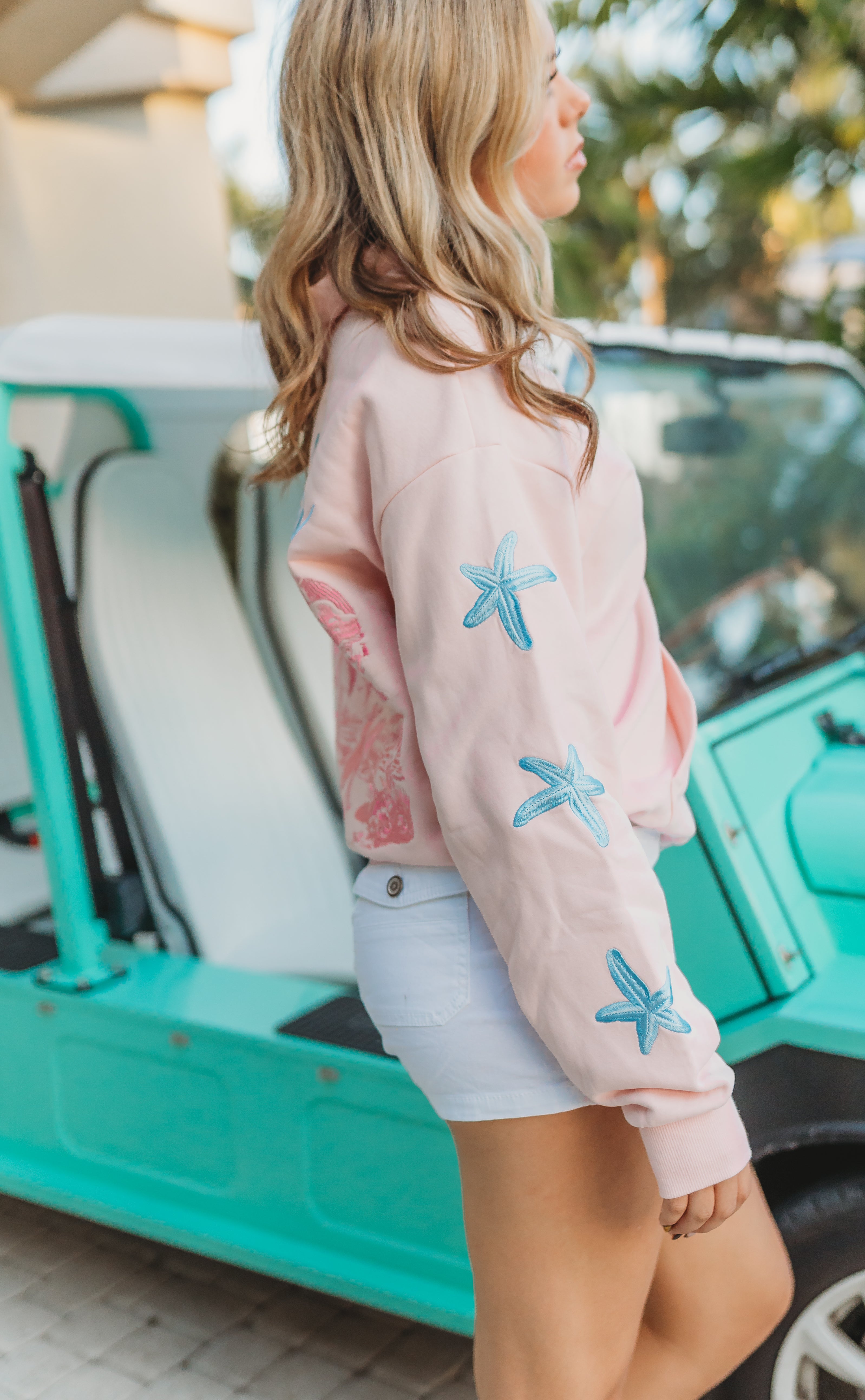 "Ridin' Waves" Embroidered Hoodie - Pink